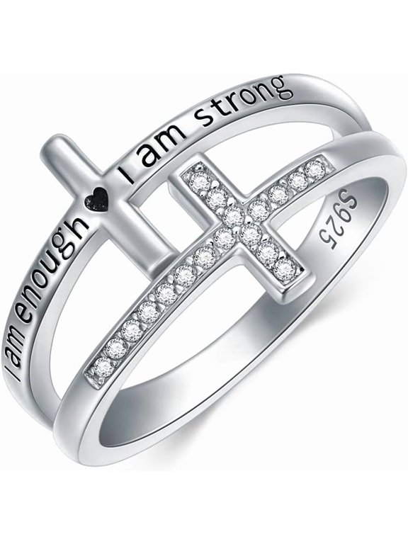 925 Sterling Silver I am Enough Cross Ring I am Strong Band Ring Inspirational Religious Crucifix Encouragement Statement Jewelry