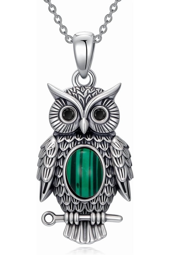 925 Sterling Silver Owl Necklace for Women, Lab-Grown Emerald/Malachite Pendant Necklace, Jewelry Gift for Mom Mother Wife on Birthday/Anniversary/Christmas