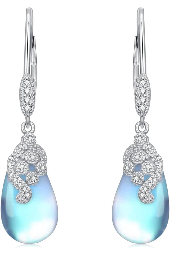 925 Sterling Silver Vintage Women Moonstone Water Drop Dangle Leverback Earrings Jewelry Gift for Women Birthday Christmas Friends Gift