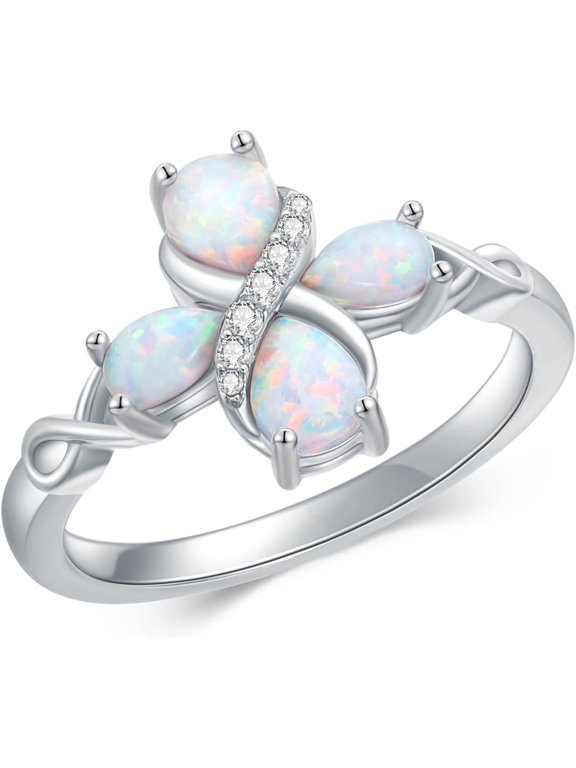 925 Sterling Silver White Opal 4-stones Ring,Statement rings with Four Leaf Clover Opal Jewelry Gifts for Women Her(Ring Size 5-9)