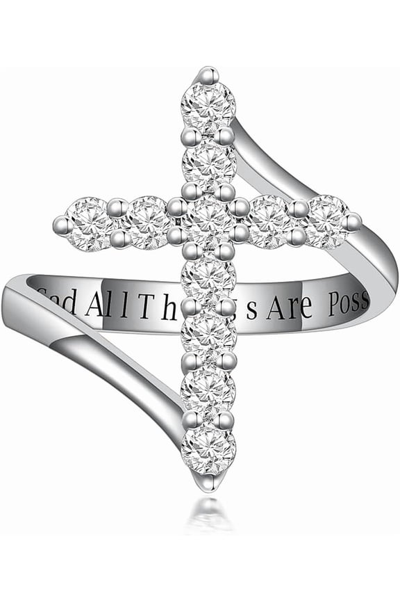 Baptism Gifts Moissanite Cross Ring in 925 Sterling Silver Customizable in Gold Diamond Ring Faith Hope Religious Jewelry With God All Things Are Possible Size 4-18