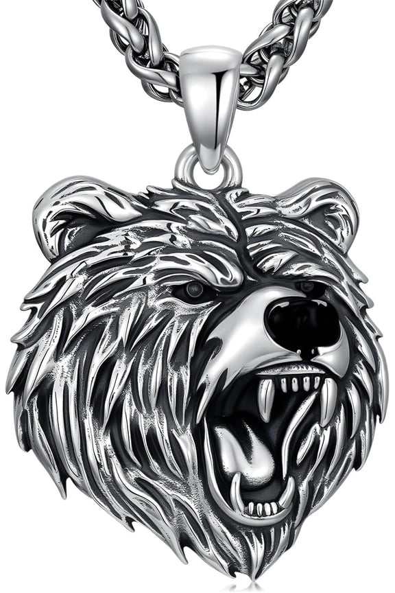 Bear Necklace 925 Sterling Silver Cool Viking Bear Head Pendant Necklaces Jewelry for Men, w/Stainless Steel Chain 22'' + 2''