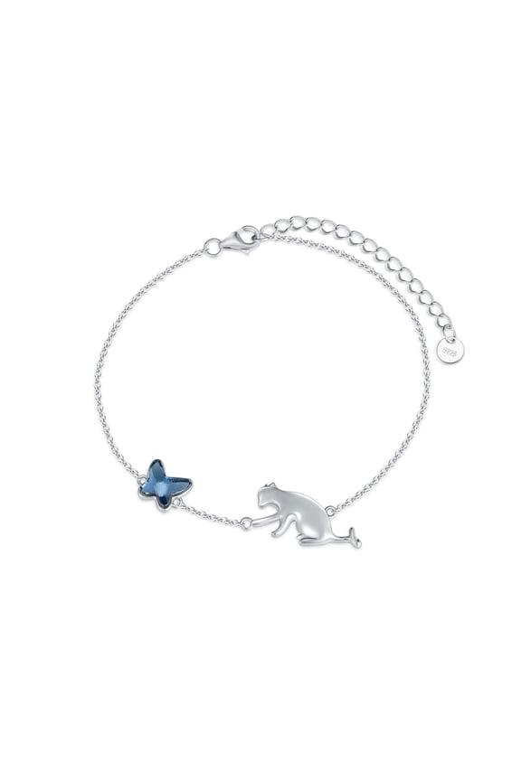 Gifts for Girls, Cat and Butterfly Bracelet Sterling Silver Pendant Bracelet Jewelry Gifts for Girlfriend Lover