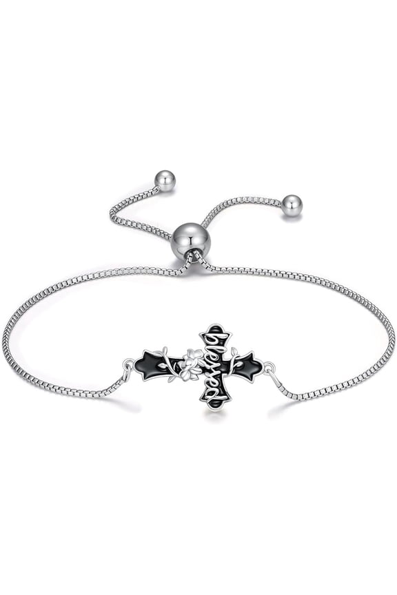 Blessed Cross Bracelet 925 Sterling Silver Black Cross Flower Adjustable Link Bracelet Faith Christian Religious Jewelry Gift for Women Men, 6.5 Inches to 8.5 Inches