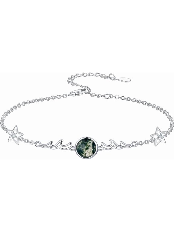 Bracelets for Women 925 Sterling Silver Natural Moss Agate Bracelet Dainty Green Gemstone Link Bracelet Adjustable Moss Agate Jewelry Anniversary Birthday Christmas Gifts for Women