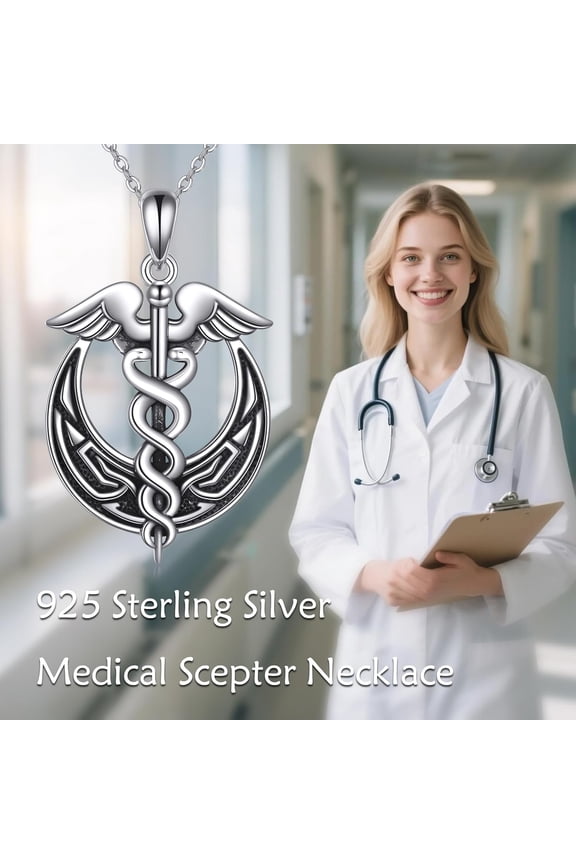 Caduceus Necklace 925 Sterling Silver Celtic Moon Nursing Medical Symbol Pendant Necklace Graduation Jewelry Gifts for Women Nurse Doctor RN Student