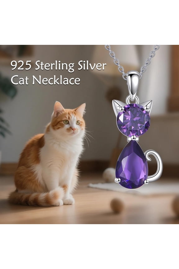 Cat Necklace for Women Amethyst Cat Necklace Sterling Silver Cute Animal Gift for Women Mom Ladies Her