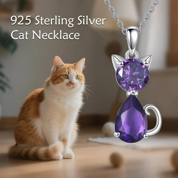 SISGEM Cat Necklace for Women Amethyst Cat Necklace Sterling Silver Cute Animal Gift for Women Mom Ladies Her