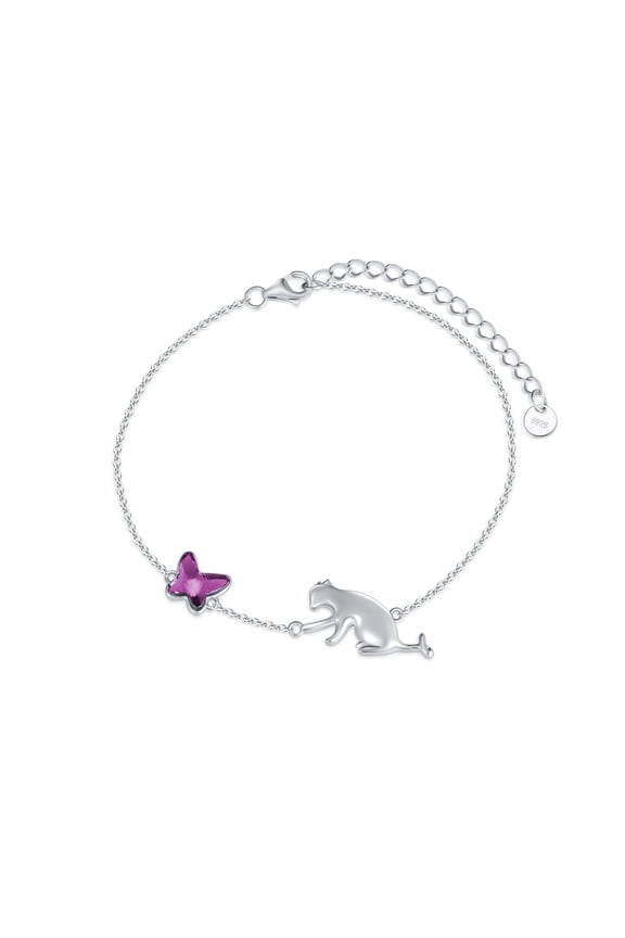 Cat and Butterfly Bracelet Sterling Silver Pendant Bracelet Jewelry Gifts for Women Lover