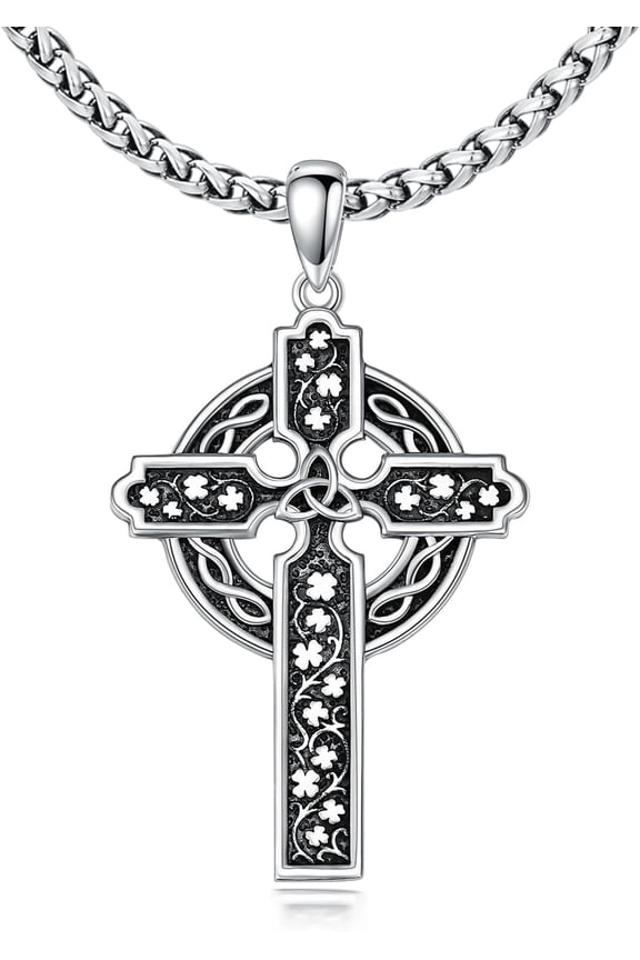 Celtic Cross Necklace for Women Men 925 Sterling Silver Good Luck Clover Necklaces Irish Celtic Knot Cross Vintage Shamrock Celtic Jewelry Gift