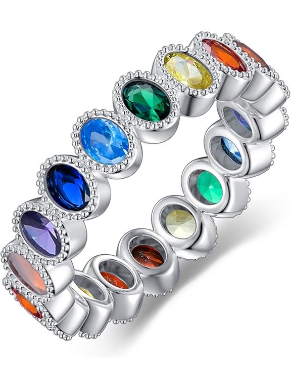 Chakra Ring 925 Sterling Silver Oval 7 Colorful Cubic Zirconia Chakra Rainbow Ring for Women Anniversary Presents
