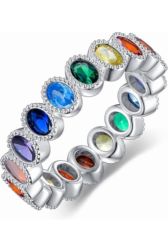 Chakra Ring 925 Sterling Silver Oval 7 Colorful Cubic Zirconia Chakra Rainbow Ring for Women Anniversary Presents