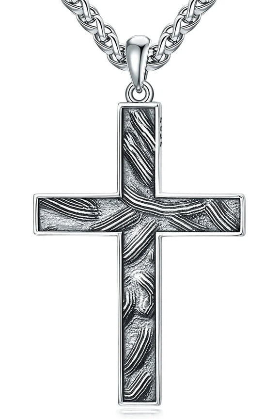 Gifts S925 Sterling Silver Cross Necklace for Men, Delicate Texture Crucifix Jesus Cross Pendant Necklace
