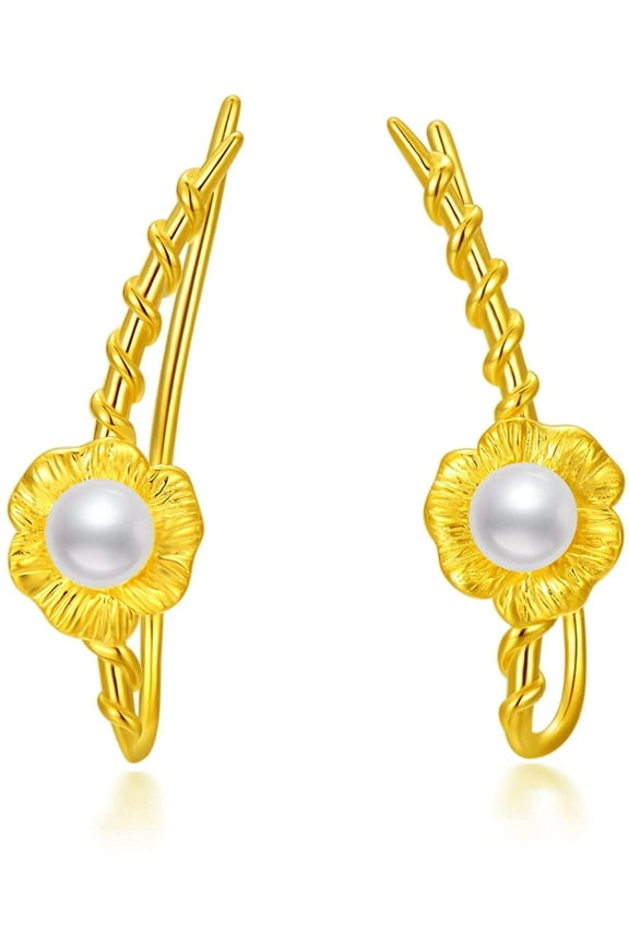 Gift for Her, 18K Gold Plated Ear Crawler Earrings, Pearl Leaf Ear Climber Earrings, Hypoallergenic Earrings for Women Sisters Daughter