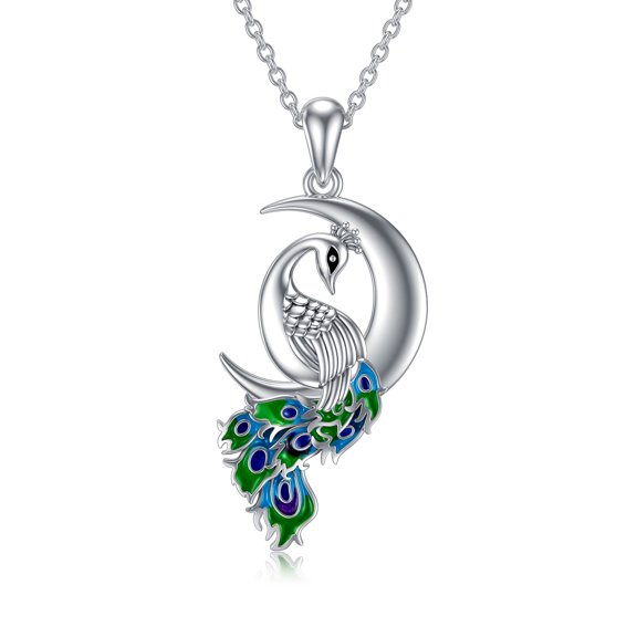 SISGEM Peacock Moon Crystal Necklace 925 Sterling Silver Crescent Half Moon Pendant Peafowl Lover Anniversary Jewelry Gifts for Women