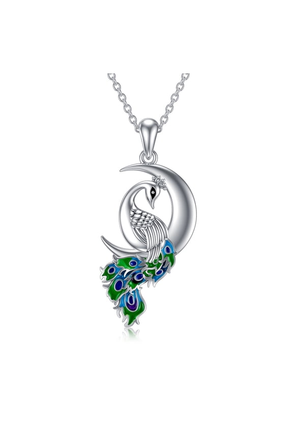 Peacock Moon Crystal Necklace 925 Sterling Silver Crescent Half Moon Pendant Peafowl Lover Anniversary Jewelry Gifts for Women