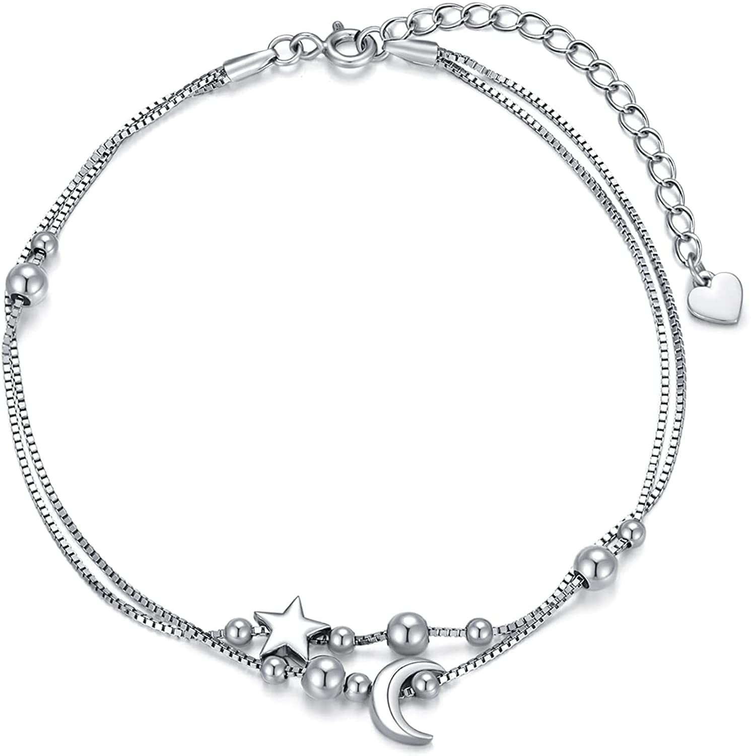 SISGEM Gift Star and Moon Sun Layered Anklet 925 Sterling Silver for Women Adjustable Beads Anklet Bracelet Crescent Beach Foot Chain 10 Inch Charm Jewelry Gifts