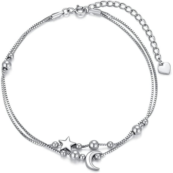 SISGEM Gift Star and Moon Sun Layered Anklet 925 Sterling Silver for Women Adjustable Beads Anklet Bracelet Crescent Beach Foot Chain 10 Inch Charm Jewelry Gifts