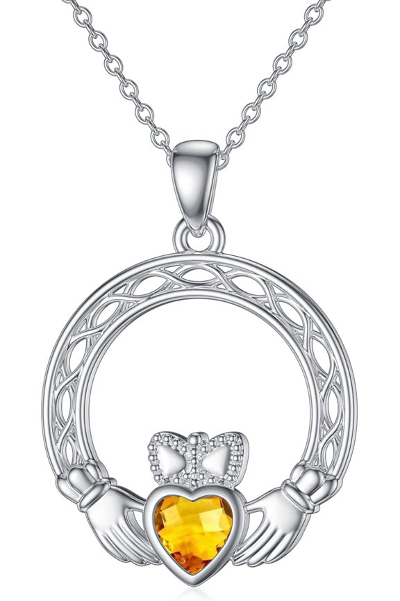 Claddagh Necklace with Simulated Birthstone 925 Sterling Silver Irish Hands Holding Crown Celtic Knot Love Heart Pendant Jewelry for Women