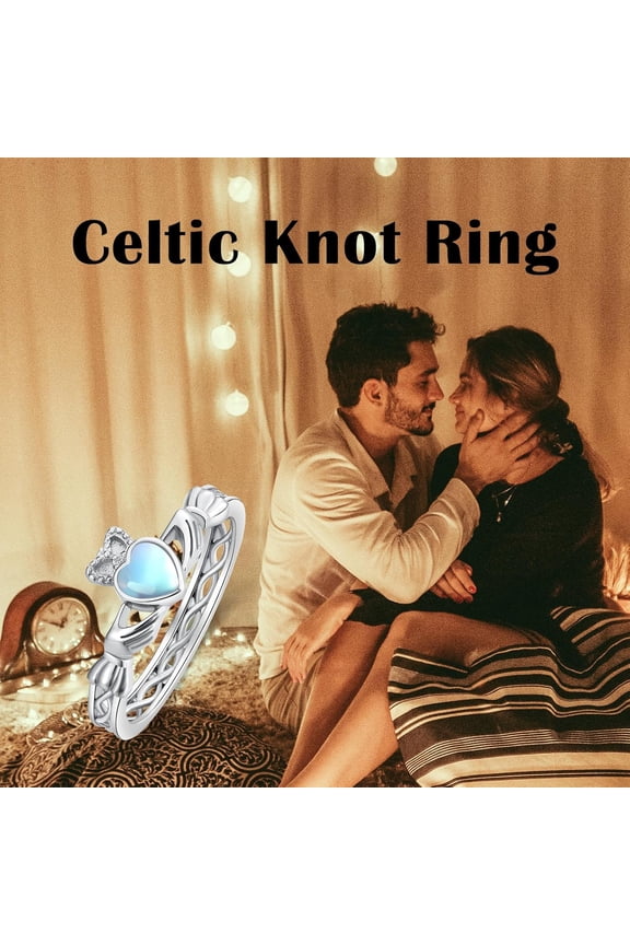 Claddagh Ring for Women Sterling Silver Irish Celtic Claddagh Natural Heart Moonstone Ring Irish Hands Holding Crown Celtic Knot Pendant Jewelry Size 6-9