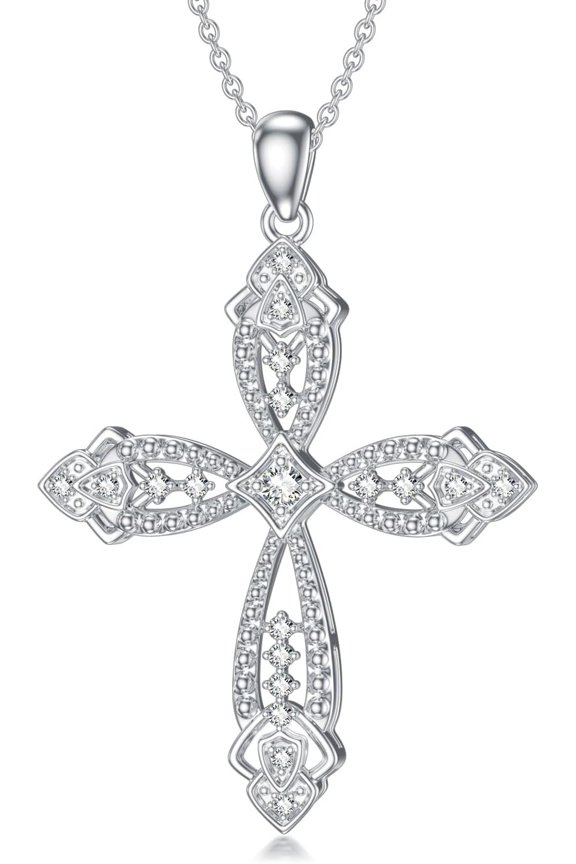 Cross Diamond Necklace Lab Grown Diamond Cross Necklace Sterling Silver Vintage Cross Necklace for Women Religious Cross Pendant Platinum Plated Silver (D Color, VVS Clarity)