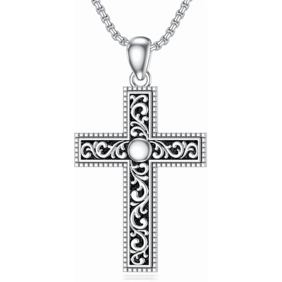 SISGEM Cross Necklace for Men Women 925 Sterling Silver Oxidized Antique Celtic/Deer Antler Fish Hook Cross Faith Pendant with Stainless Steel Chain 24 Inches
