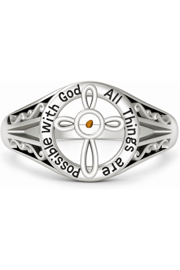 Cross Ring Sterling Silver Mustard Seed Rings Christian Faith Ring With God All Things Are Possible Religious Jewelry Gifts for Women Size 6-9