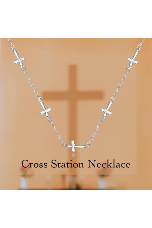 Cross Station Necklace Sterling Silver Cross Chain Necklace with Cubic Zirconia Gift for Women