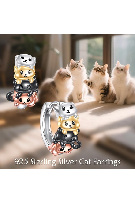 Cute Cat Huggie Hoop Earrings 925 Sterling Silver Cats Huggie Hoop Earrings Gift for Lovers Women Her