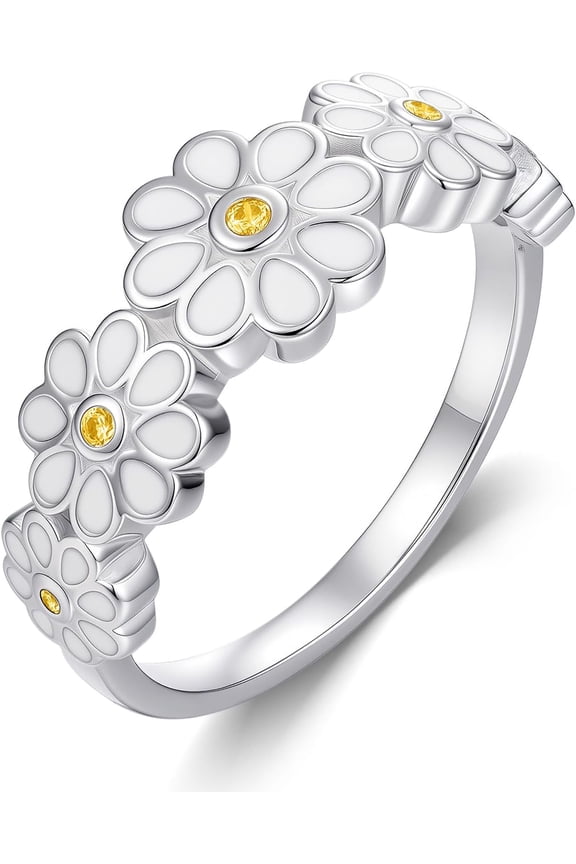 Daisy Rings for Women,925 Sterling Silver Daisy Flower Ring,Sunflower Stacking Statement Band Jewelry Gifts for Graduation Birthday