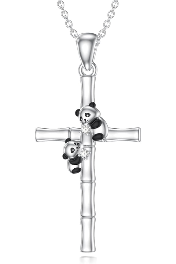 Diamond Cross Necklace 925 Sterling Silver Panda Cross Pendant Necklace with Lab Grown Diamonds Jewelry Gifts for Women Panda lovers