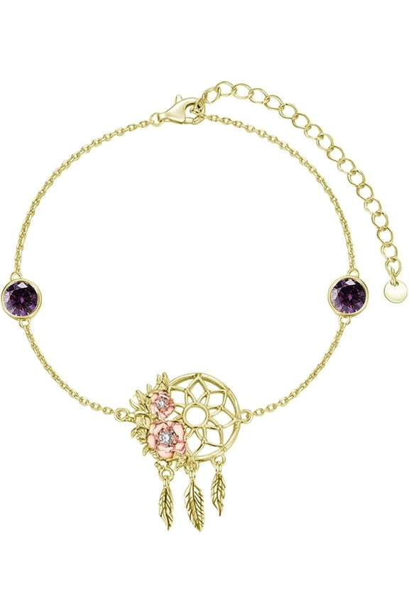 Dream Catcher Bracelet 18K White/Yellow Gold Plated S925 Silver Moonstone/Birthstone Rose Flower Dreamcatcher Jewelry Birthday Presents for Women Wife Mom