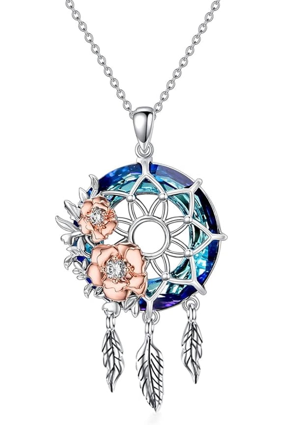 Dream Catcher Pendant Necklace 925 Sterling Silver Synthetic Moonstone Crystal Sunflower Rose Flower Evil Eye Dreamcatcher Cremation Jewelry Gifts for Women Wife Mom