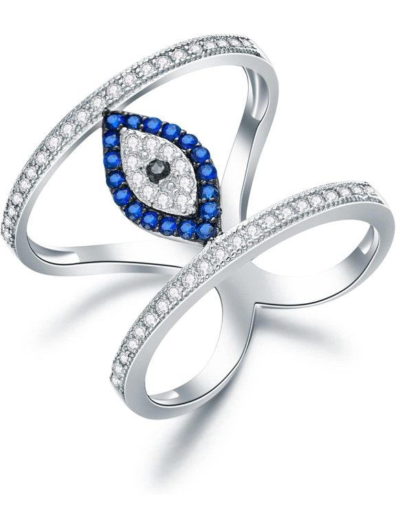 Evil Eye Ring Spiritual Turkish Double Band Ring Size 3.5-12 Sterling Silver Blue Evil Eye Rings Round Evil Eye Ring Greek Evil Eye Protection Ring for Women