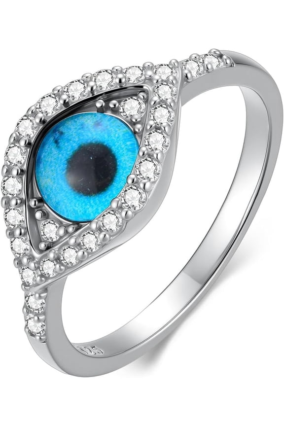 Evil Eye Rings 925 Silver Protection Blue Turkish Rings for Women 5A Cubic Zirconia Evil's Eye Resin Patch Statement Ring(3.5-12)