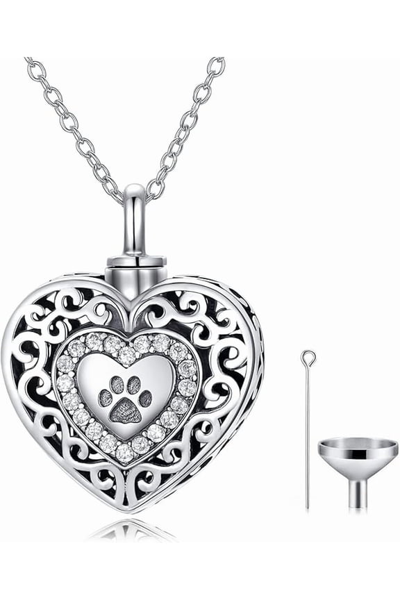 Filigree Dog Paw Urn Locket Necklace 925 Sterling Silver Print Pet Urn Necklace for Ashes Engraved Personalized Cremation Jewelry Pictures Keepsake Memorial Gifts for Women Men