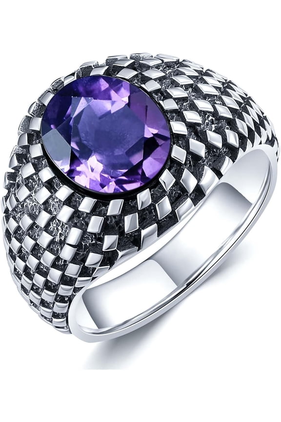 Genuine Amethyst Pinky Ring for Men 925 Sterling Silver 11x9mm Oval Shaped Real Amethyst Vintage Statement Rings for Husband Personalized