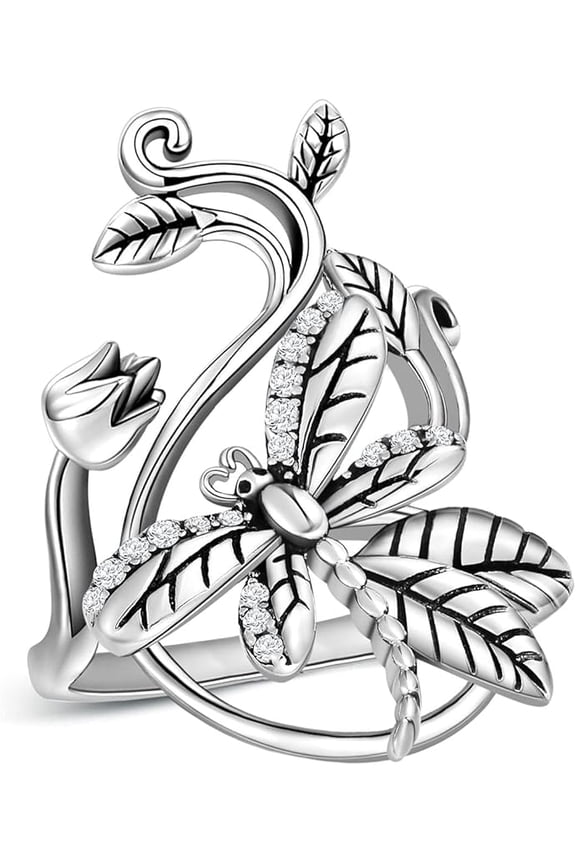 Gothic Style Vintage Sunflower Violet Dragonfly Open Ring Sterling Silver Family Birth Flowers Butterfly Party Rings for Women