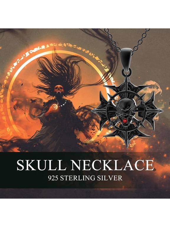 Halloween Skull Necklace for Women Sterling Silver Gothic Skeleton Necklace Black Natural Garnet Halloween Pendant Halloween Skull Jewelry Christmas Gift Mothers Day
