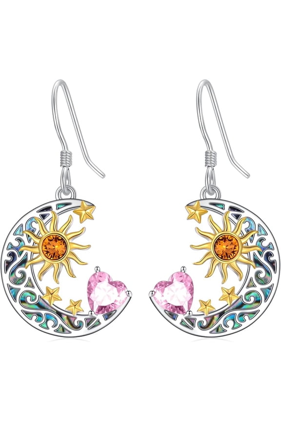 Heart Birthstone Earrings Sterling Silver Sun and Moon Dangle Drop Earrings for Women Mom
