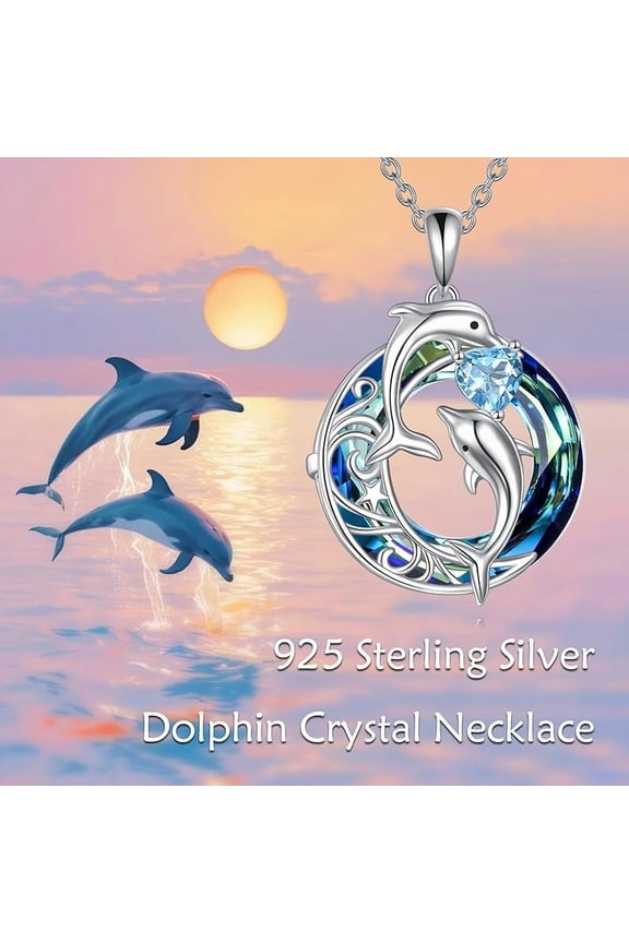 Heart-Cut Topaz Double Dolphin Necklace for Women, 925 Sterling Silver Blue Crystal Dolphin Pendant Necklace,Ocean Jewelry Gift For Anniversary Birthday Graduation for Girlfriend Wife 18+2"