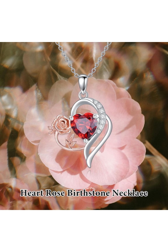 Heart Rose Birthstone Necklace for Women 925 Sterling Silver Ruby Heart Necklace Gift for Valentine's Day Anniversary Birthday