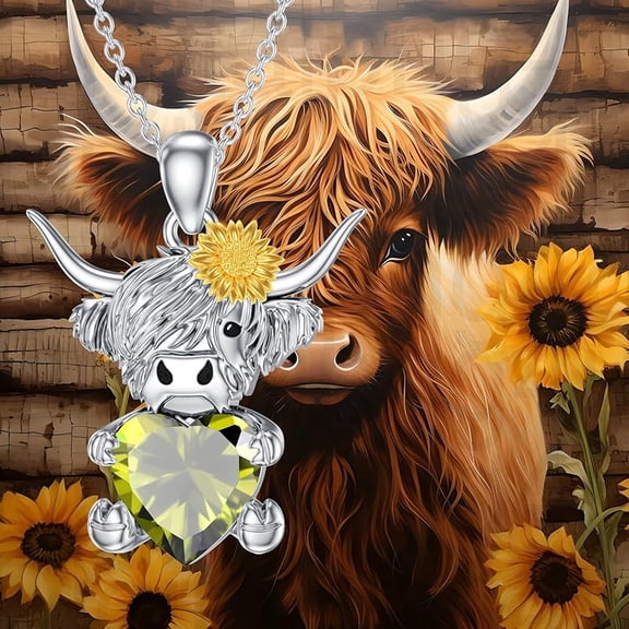 SISGEM Highland Cow Pendant Necklace with Heart Birthstone Cow Necklace Gift for Women