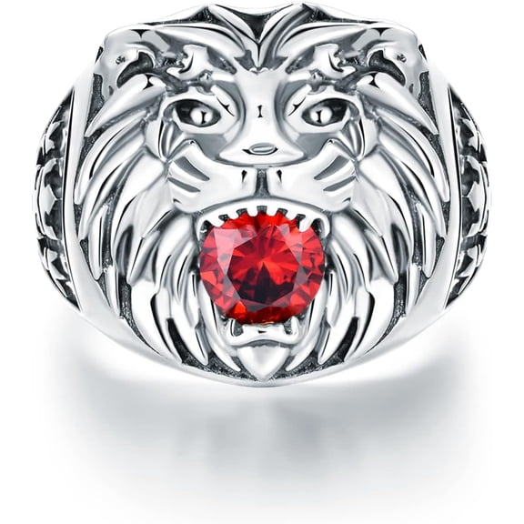 SISGEM Lion Head Ring for Men Sterling Silver Ruby Ring Vintage Gothic Biker Roaring Lion Head Animal Rings Punk Lion Jewelry Gift for Men