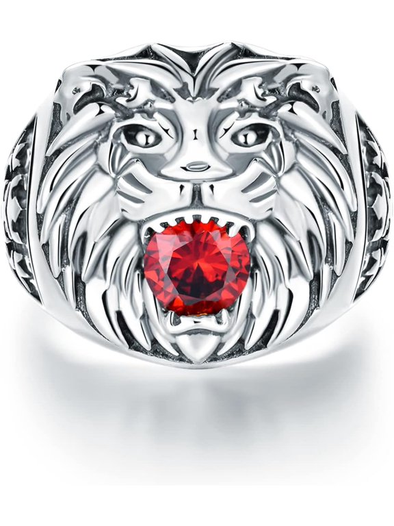 Lion Head Ring for Men Sterling Silver Ruby Ring Vintage Gothic Biker Roaring Lion Head Animal Rings Punk Lion Jewelry Gift for Men