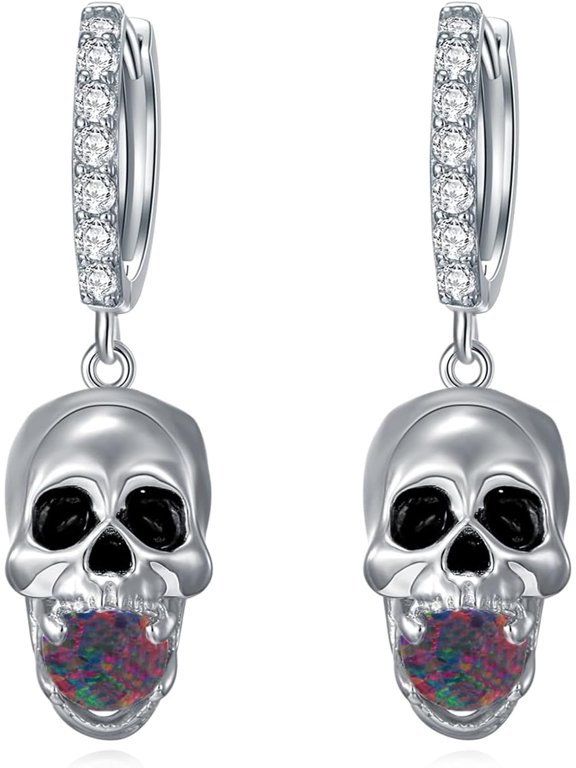 Mens Womens 925 Sterling Silver Opal Skull Hoop Earrings Dangle with Skulls, Skull Hook Earrings for Men Women 2pcs-1