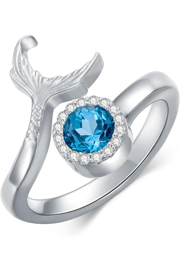 Mermaid Ring 925 Sterling Silver Natural Topaz Ring Mermaid Tail Rings Fish Tail Band Ring Silver Eternity Ring Mermaid Jewelry for Women Summer Ocean Gifts