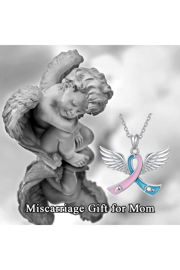 Miscarriage Gifts for Mothers 925 Sterling Silver Blue and Pink Ribbon Angel Wing Pendant Pregnancy Loss Awareness Sympathy Necklace Memorial Gift for Mom