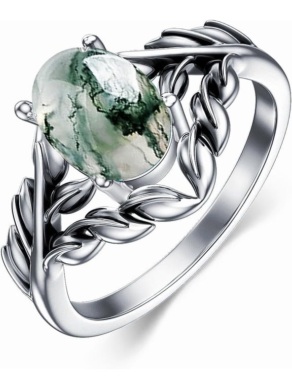 Moss Ring for Women Genuine Green Agate Jewelry Size 7