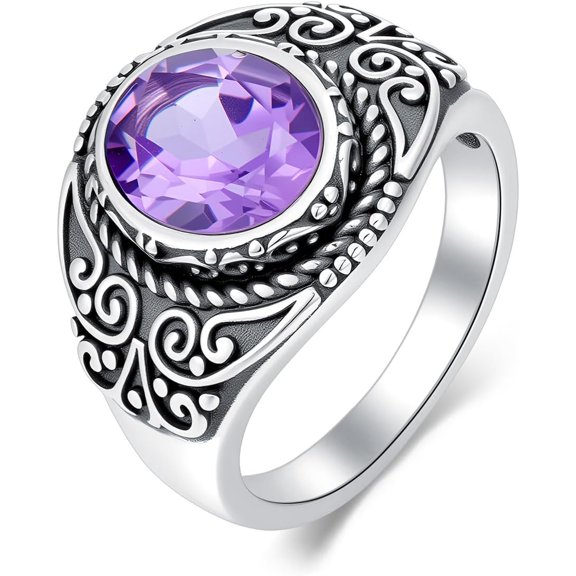 SISGEM Natural Amethyst Vintage Rings for Women S925 Sterling Silver Retro Style Oval Gemstone Statement Ring Birthstone Jewelry for Mom Girlfriend Her in Size